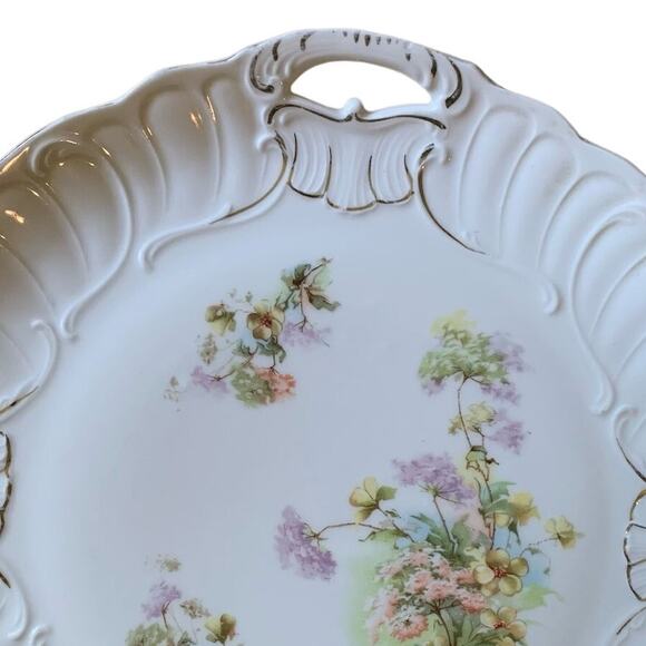 Vintage Floral White/Gold 10" Serving Plate w/Pierced Handles Textured Rim - Picture 3 of 13